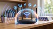 © milenofrigatto - Modern wireless router with glowing digital interface and security icons symbolizing network connectivity and protection