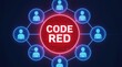 © Pete - Red alert notification center connects many people figures in digital network. Crisis communication system urgent warning message distributed to users. Emergency information flow concept.