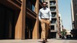 © Pete - Man walks confidently on city pavement. Stylish guy wears light blue shirt and brown pants. Modern buildings line street. Sunny day, casual business attire, urban outdoor scene.