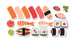 © Zeze - Fresh Japanese Sushi Set with Nigiri Maki Rolls Salmon Tuna Shrimp Eel Wasabi and Ginger on White Background