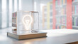 © Super Abi - Glowing light bulb icon in a glass cube on a book in a library, representing creative innovation, education, and bright ideas in a minimalist 3D rendering style.