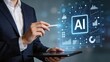 © Emily - Futuristic artificial intelligence AI technology interface on tablet screen, digital transformation concept with holographic data charts, neural network patterns