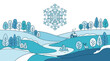 © Dizzi - Ilustración vectorial de un paisaje invernal con un copo de nieve gigante, colinas nevadas, árboles estilizados, una pequeña cabaña con humo y un ciervo en un entorno sereno y minimalista.