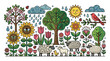 © AzeQo - 春の牧草地で遊ぶ羊や小鳥、ヒマワリやチューリップなどの花々、太陽と雨が描かれた、カラフルでかわいい自然の風景のフラットなラインアートイラストレーション。