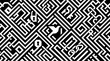 © AnaiChan - Abstraktes schwarz-weißes Labyrinth-Muster mit integrierten Symbolen wie einer Friedenstaube, Vorhängeschlössern und Ketten, das Komplexität und Freiheit symbolisiert.