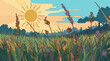 © Dizzi - Ilustración artística de un campo de hierbas silvestres y flores bajo un sol radiante en un día de verano, con un estilo gráfico de líneas definidas y colores cálidos y acogedores.