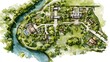 © kanesuan - Artistic aerial view illustration of a luxurious residential estate with gardens and a river