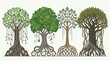 © LeNo - Set di quattro illustrazioni vettoriali stilizzate di alberi con radici a vista e chiome rigogliose, disegnate con uno stile grafico decorativo su sfondo chiaro per progetti di design naturale.