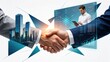© Zoe - Corporate handshake deal sealed with futuristic holographic interface showing data analytics tablet user city skyline background representing successful business partnership