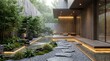 © Ahmed_Stock - Serene modern japanese garden with illuminated stone pathway and wooden deck surrounded by lush greenery and tranquil water feature perfect for relaxation and meditation in a luxurious outdoor.