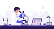 © Bella - Scientist examining sample under microscope, laptop with medical data, laboratory equipment, scientific research