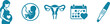 © RAC.Design-Magic - A horizontal sequence of five blue vector icons representing pregnancy including a pregnant woman, fetus, uterus, calendar, and pregnancy test device.