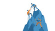 © naim - Professional rock climbers helping each other ascend a steep mountain peak representing teamwork and support in challenging business situations.