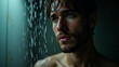 © Karan Jonny - In rain shower water iteration dripping down face moody lighting ultradetailed pores beautiful Beautiful closeup