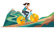 © Galih Putra - Active young woman cycling on mountain trail with golden coin wheels representing financial growth flat design vector illustration