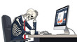 © Dilruba - Humorous illustration of a skeleton in a suit working at a computer desk with a cup of coffee and data charts.