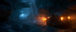 © Olga Ко - Cinematic view of a futuristic heavy mining vehicle exploring a deep dark underground cave. Contrasting glowing orange lights and cold blue mist in a rocky tunnel. Sci-fi exploration concept.