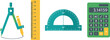 © Rubeka - Geometric measuring tools and green calculator illustration on grid background.