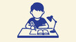 © TREND AND VECTORS - Student doing homework at desk with lamp in home learning environment blue vector icon.