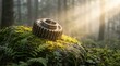 © homan - Rusted metal gear resting on vibrant green mossy rock in sunlit forest clearing