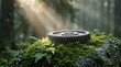 © homan - Weathered industrial gear on moss covered boulder with golden sunlight rays and dust
