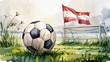 © Izzat - Soccer Field in Austria: A classic soccer ball rests on a grassy field next to a goal, with the Austrian flag waving in the background, bathed in soft, natural light.