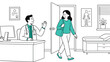 © Creative Garage - Doctor greeting patient entering medical office for consultation in a clean professional vector illustration featuring simple line art style and soft green accent color palette