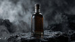 © pritam - Mysterious Amber Elixir: A distinguished bottle of amber liquid, likely spirits, rests on a textured rock formation amidst atmospheric fog and dramatic lighting.
