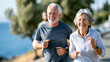 © Anastasiia Havelia - Real-feel commercial lifestyle photo of an active senior couple in their 60s on a morning jog along a scenic Mediterranean coastal path, olive trees and blue sea in the soft backgr