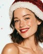 © PinkiePie - High-end commercial beauty shot of a woman in festive Santa hat smiling, glowing skin, red lipstick, pure white background with sparse blue and red snowflakes, bright lighting