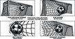 © MstMinara - Monochrome Soccer Goal Vector Graphic Collection Showing Detailed Line Art Illustrations of Football Ball Hitting Net for Sports Scoring Banners