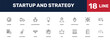 © Abstract - startup and strategy icon set with _icon18_, _icon17_, business, focus signs in flat outline style