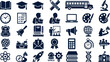 © AB - Education and School Solid Icon Set with Graduation Cap Classroom Learning University Studies Academic Stationery and Science Symbols for Digital Kindergarten Media Layouts