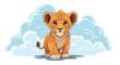 © Lily - Adorable lion cub standing confidently against a backdrop of soft blue clouds in a stylized nature illustration for children.