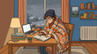 © Maicon - vector cartoon student studying diligently at neat desk with open books and school supplies