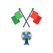 © sydztoo - Crossed green and red flags above a blue electric desk fan.
