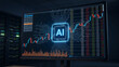 © SM - Computer monitor displaying complex artificial intelligence trading platform with stock market data visualization and glowing microchip interface for algorithmic financial investment.