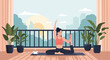 © Sutrisno - Vector illustration of a young woman practicing yoga on an apartment balcony at sunrise. She is on a yoga mat surrounded by houseplants with a city skyline and rising sun backdrop.