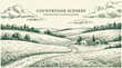 © tae - Engraved Vintage Style Vector Illustration of Rolling Hills and Pastoral Countryside Scenery Featuring Open Green Grass Fields Under a Serene Rural Landscape Horizon in Monochrome Etching Art