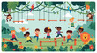 © Sathi - Group of diverse children playing on a jungle themed obstacle course with swings and animal decorations in a park.