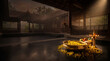 © Ramseena - Traditional Kerala Vishu Kani arrangement with lit brass lamp and yellow Kanikonna flowers in a classic Nalukettu courtyard at misty dawn with sunbeams and copy space.