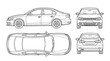 © Thai - Technical automotive sedan car vehicle blueprints featuring line art outline drawings showing profile side front rear back and top views isolated on white background for engineering design