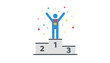 © Rana - Champion stick figure with gold medal standing on the first-place podium celebrating with hands up under confetti.