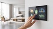 © Helen - Woman touching smart home control panel managing solar energy storage and electric vehicle charging in a modern minimalist living room interior setting