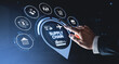 © ImageFlow - Digital supply chain interface with hand interacting with futuristic logistics icons on dark background highlighting global transport and commerce concept.