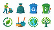 © MANVIK - Eco-friendly waste management icons, flat recycling and cleaning vector set, sustainable environment icons with trash bins and earth globe
