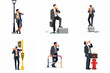 © Kacunk - Illustrations of businessmen in suits eating hot dogs in various city settings, highlighting busy urban lifestyles and quick lunch breaks.