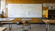 © Creative Insights - Empty classroom with wooden walls and whiteboard covered in mathematical equations