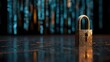 © Gustiawan - A metallic padlock on a reflective surface with a digital matrix background