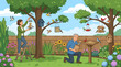©  CozyVisionary - A woman on a ladder and a man kneeling in a sunny backyard garden, feeding various colorful wild birds with feeders and seeds. A cheerful, nature-themed illustration for conservation.